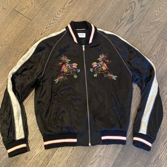 SAINT LAURENT PARIS BIRDS OF PARADISE SATIN VARSITY JACKET - Picture 1 of 5